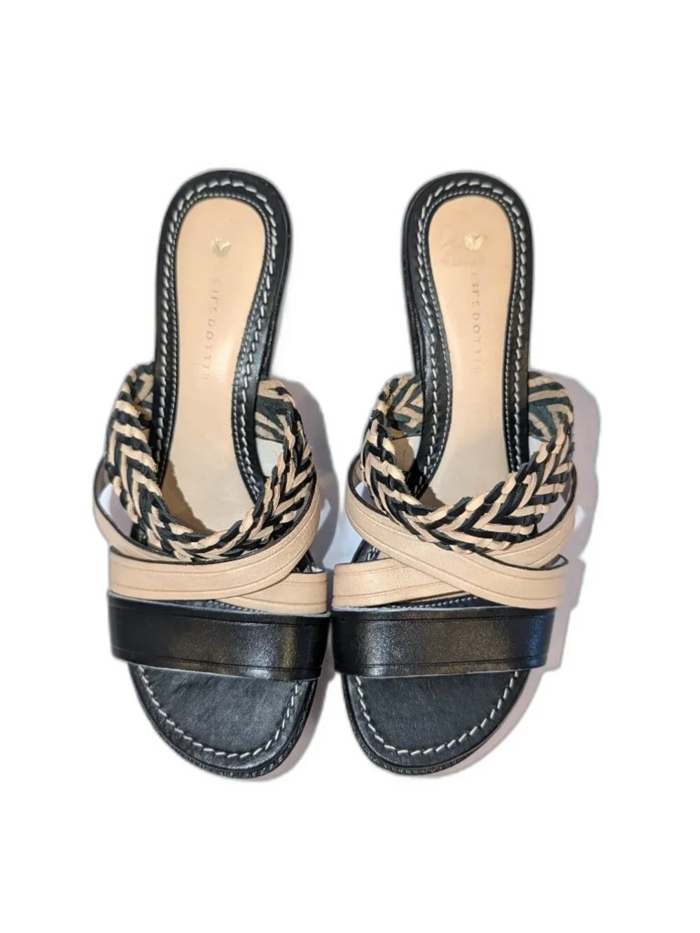 Leifsdottir | Anthropologie Black & Beige Wooden & Leather Wedge Sandals |	EU 38